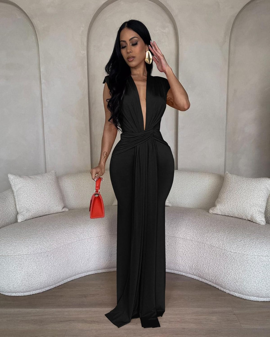 Memoriesea Women's Elegant Sleeveless Deep V Neck Bodycon Party Evening Gown Maxi Dress