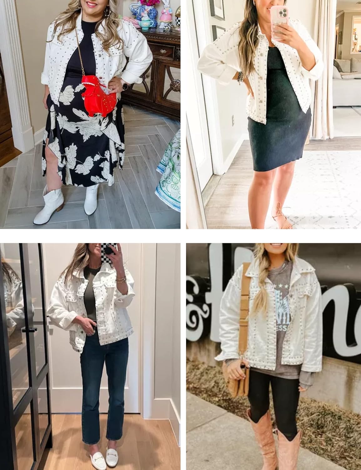 PUWEI Dressy Rivet Studded White Cropped Jean Jacket Women Western Distressed Washed Denim Coat