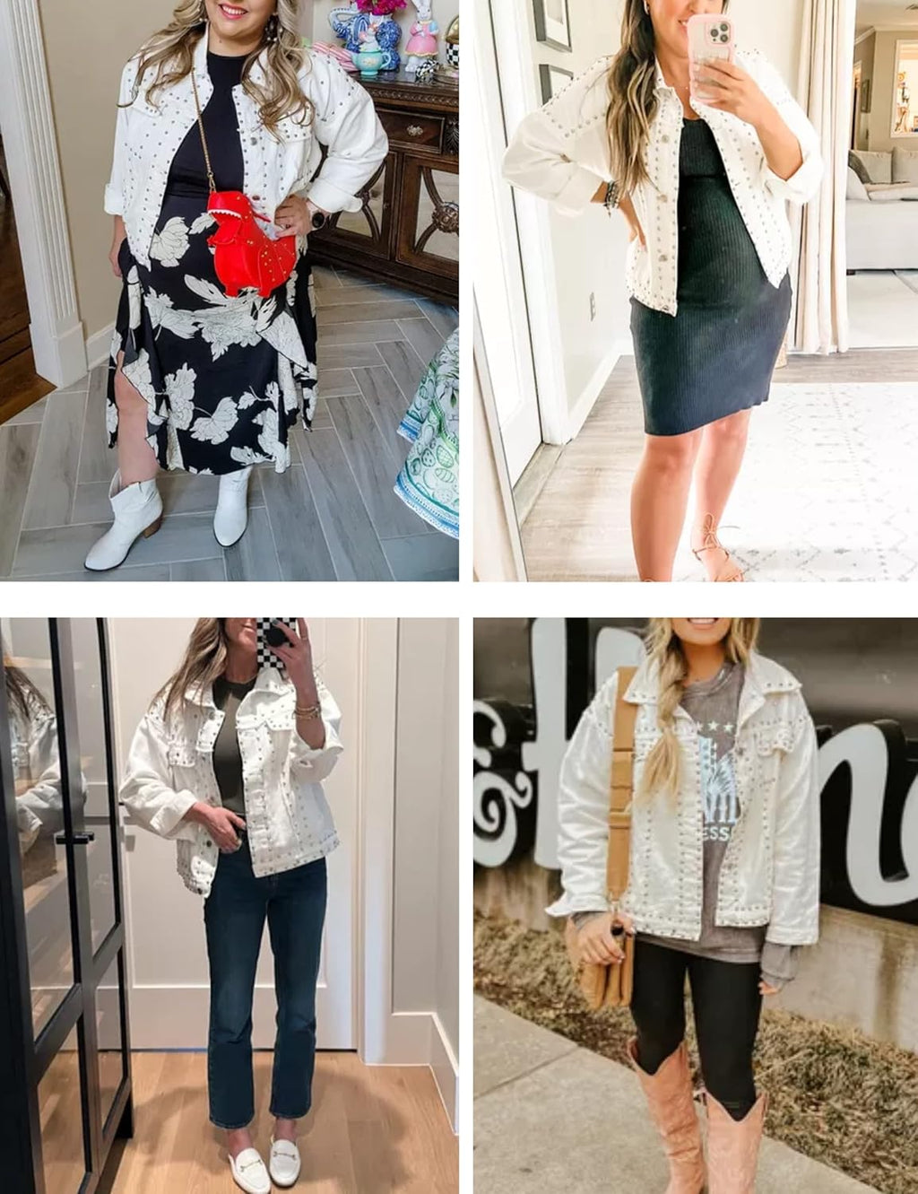 PUWEI Dressy Rivet Studded White Cropped Jean Jacket Women Western Distressed Washed Denim Coat