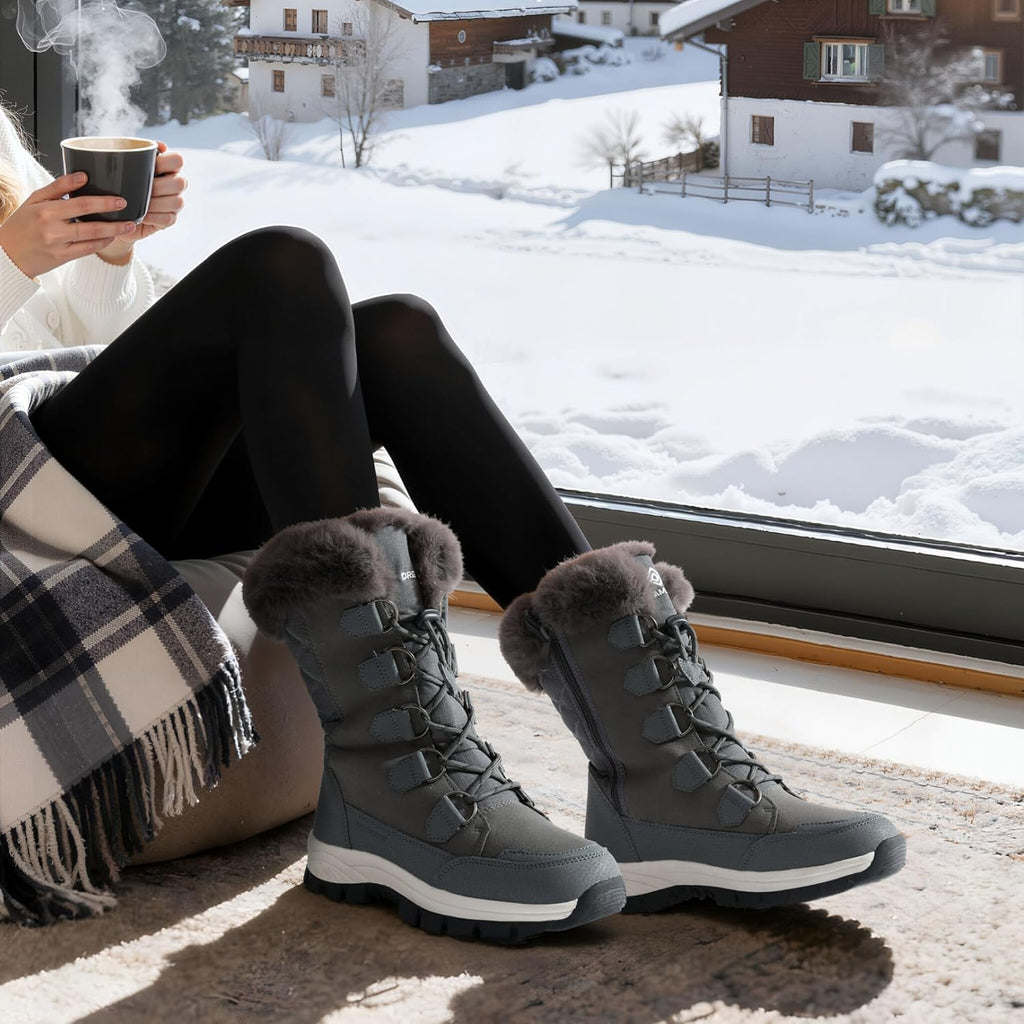 DREAM PAIRS Women's Waterproof Winter Snow Boots, Warm Comfortable Faux Fur Insulated Non-Slip Outdoor Lace-Up Florin Mid Calf Booties