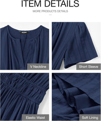 BTFBM Womens Summer 2025 Casual Midi Maxi Dresses Lightweight Short Sleeve V Neck Elastic Waist Boho Beach Dress Pockets