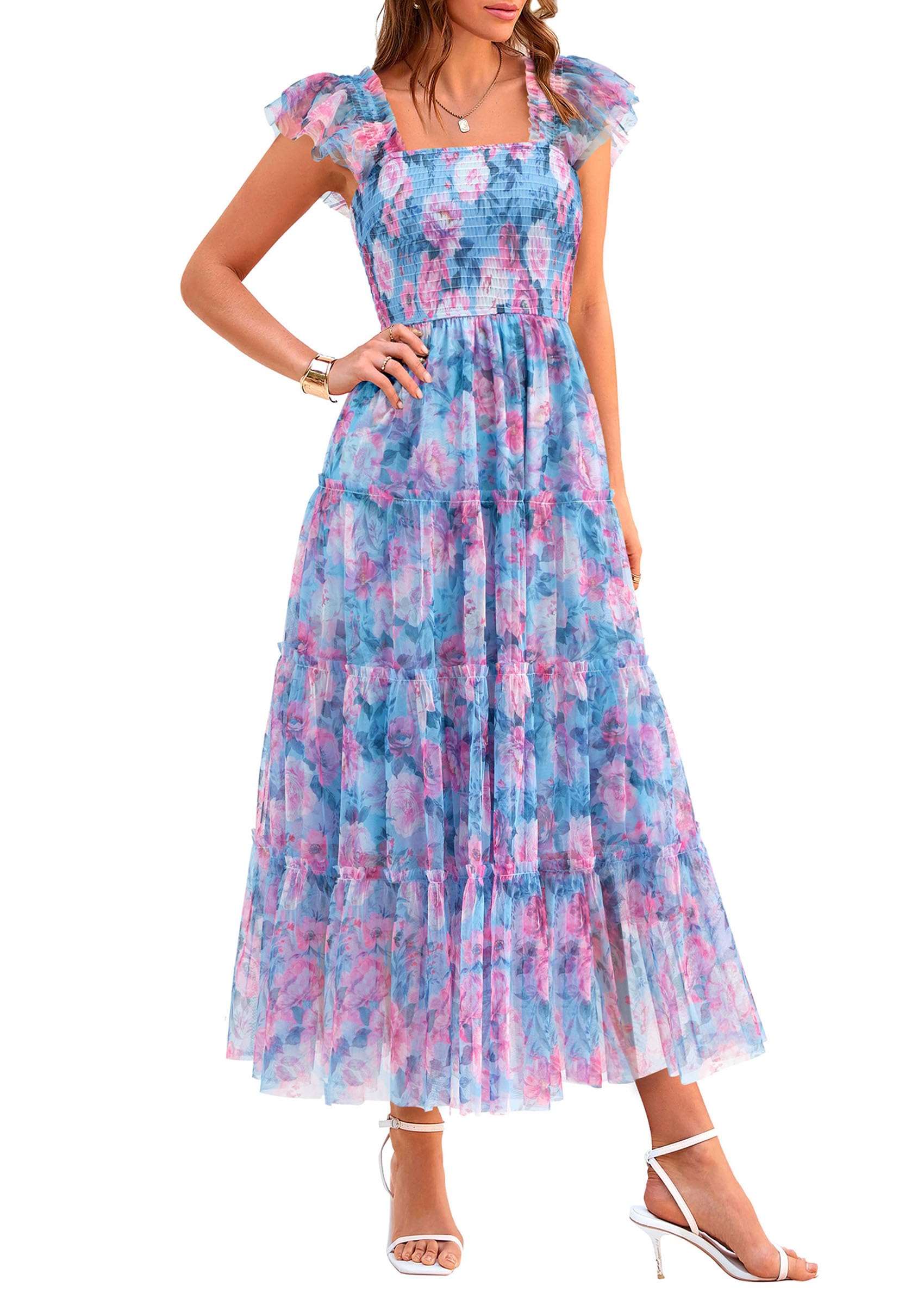 PRETTYGARDEN Women's Summer Tulle Midi Dress Sleeveless Smocked Ruffle Mesh Flowy Dresses Party Wedding Guest Sundress