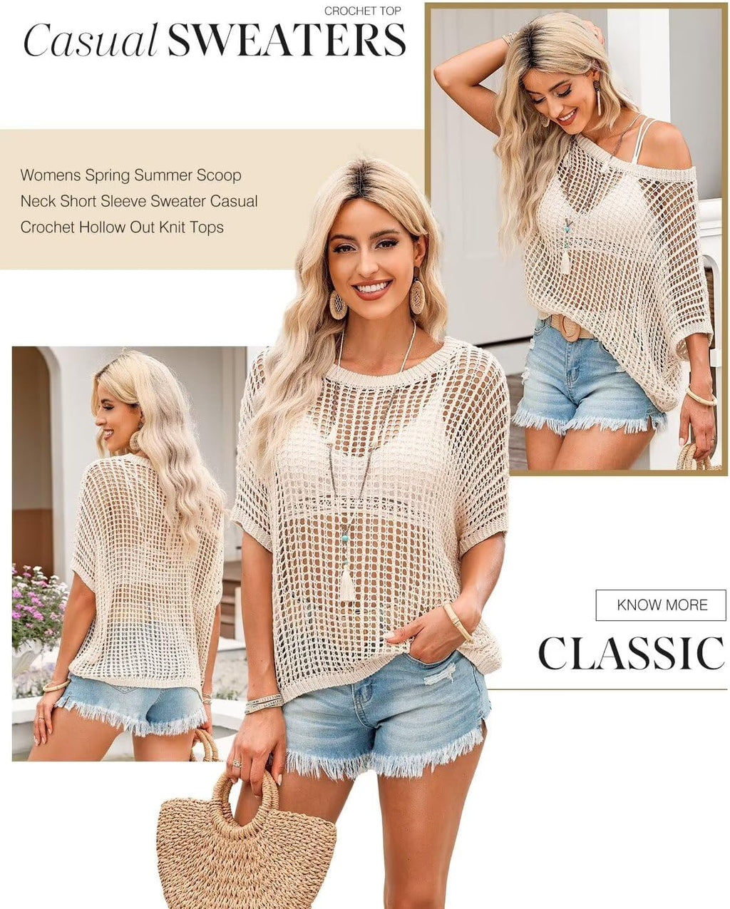 Dokotoo Womens Summer Scoop Neck Short Sleeve Sweater Casual Crochet Hollow Out Knit Tops Pullover Shirts Beach Coverup