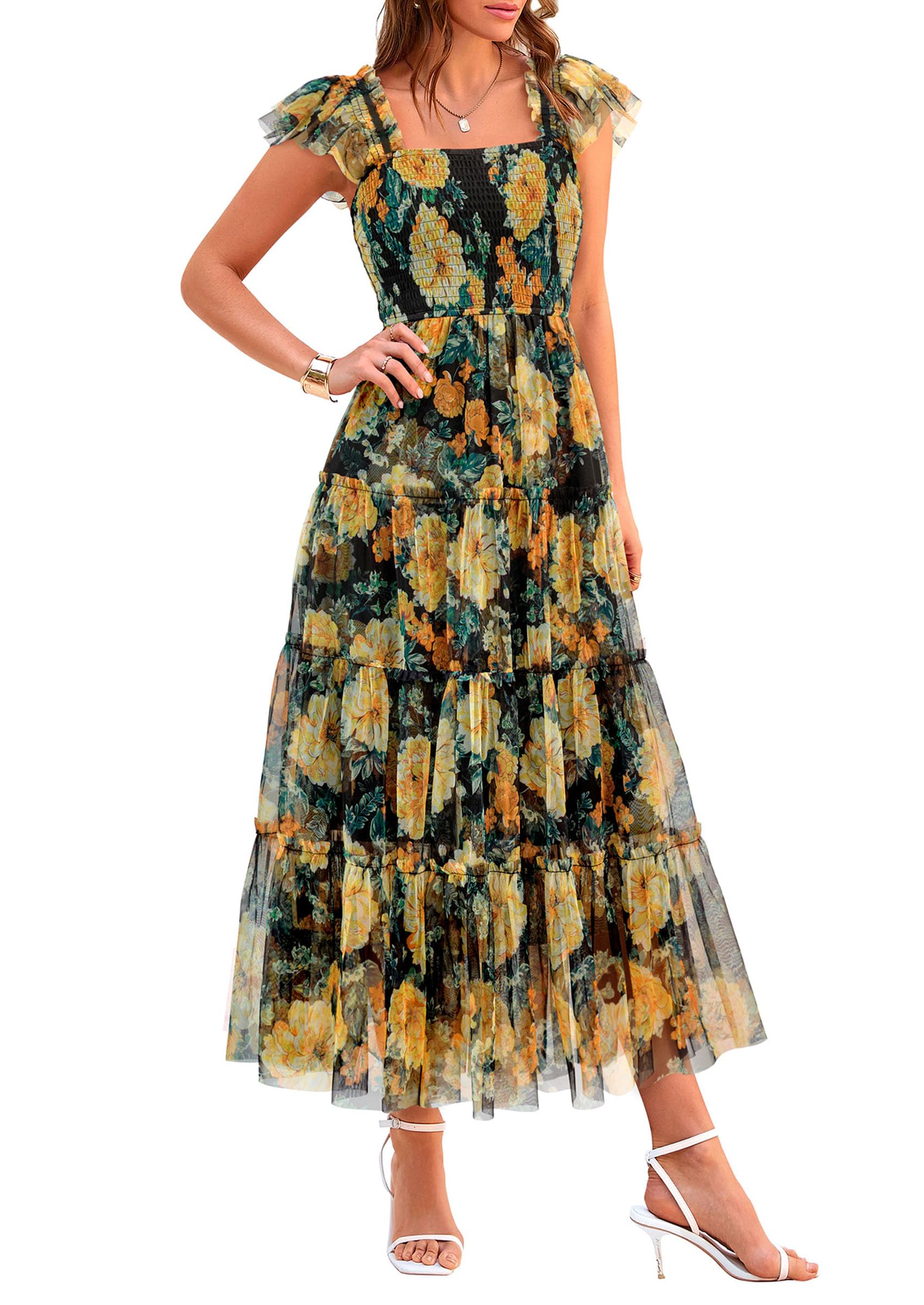 PRETTYGARDEN Women's Summer Tulle Midi Dress Sleeveless Smocked Ruffle Mesh Flowy Dresses Party Wedding Guest Sundress