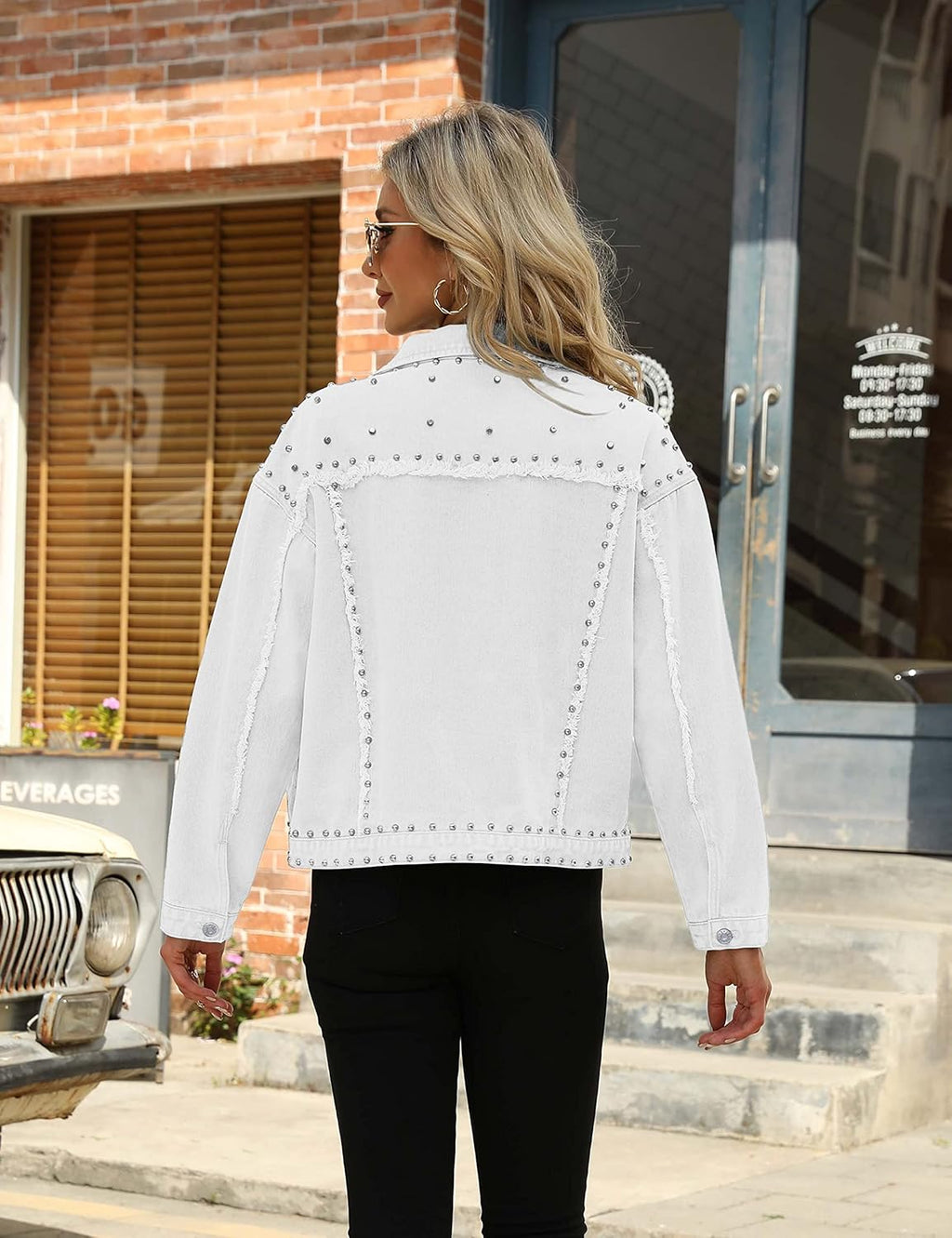 PUWEI Dressy Rivet Studded White Cropped Jean Jacket Women Western Distressed Washed Denim Coat