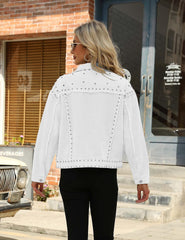 PUWEI Dressy Rivet Studded White Cropped Jean Jacket Women Western Distressed Washed Denim Coat