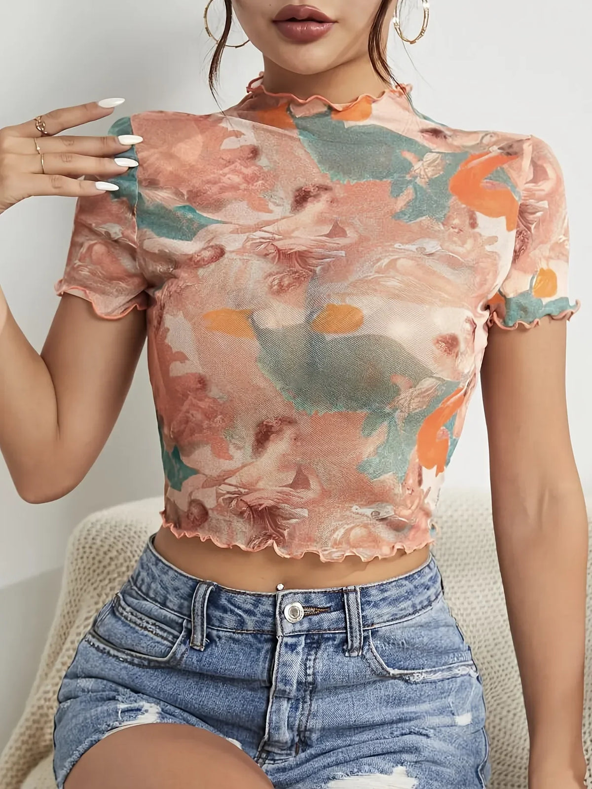Abstract Print Ruffled Mock Neck Crop T-Shirt | Trendy Streetwear – Bona Fide Fashion