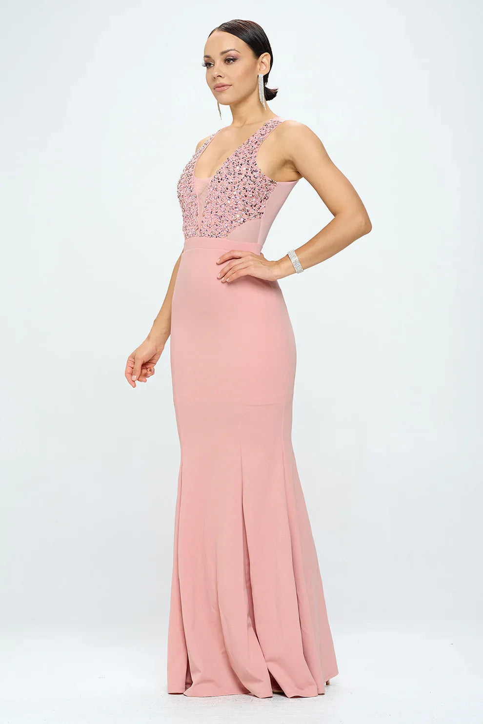 DEEP V NECK RHINESTONED FLOOR LENGTH MAXI DRESS