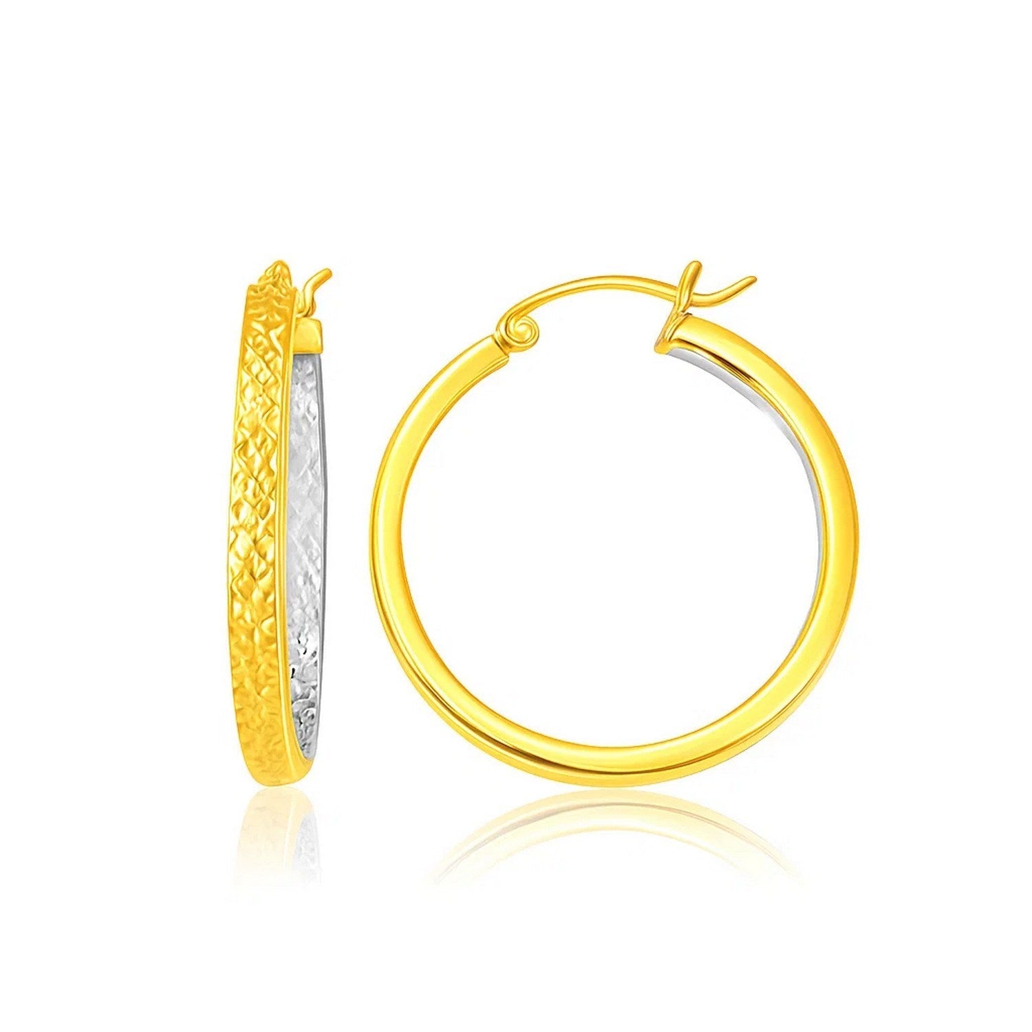 Two-Tone Yellow and White Gold Medium Patterned Hoop Earrings(3x30mm)