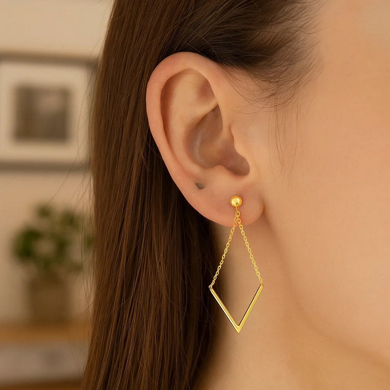 14k Yellow Gold Diamond Shape Chain Drop Earrings