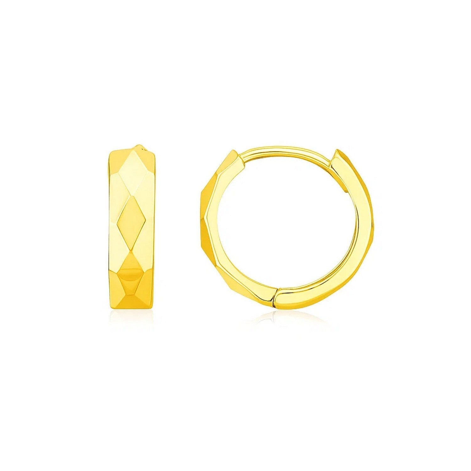 14K Yellow Gold Diamond Motif Faceted Huggie Earrings