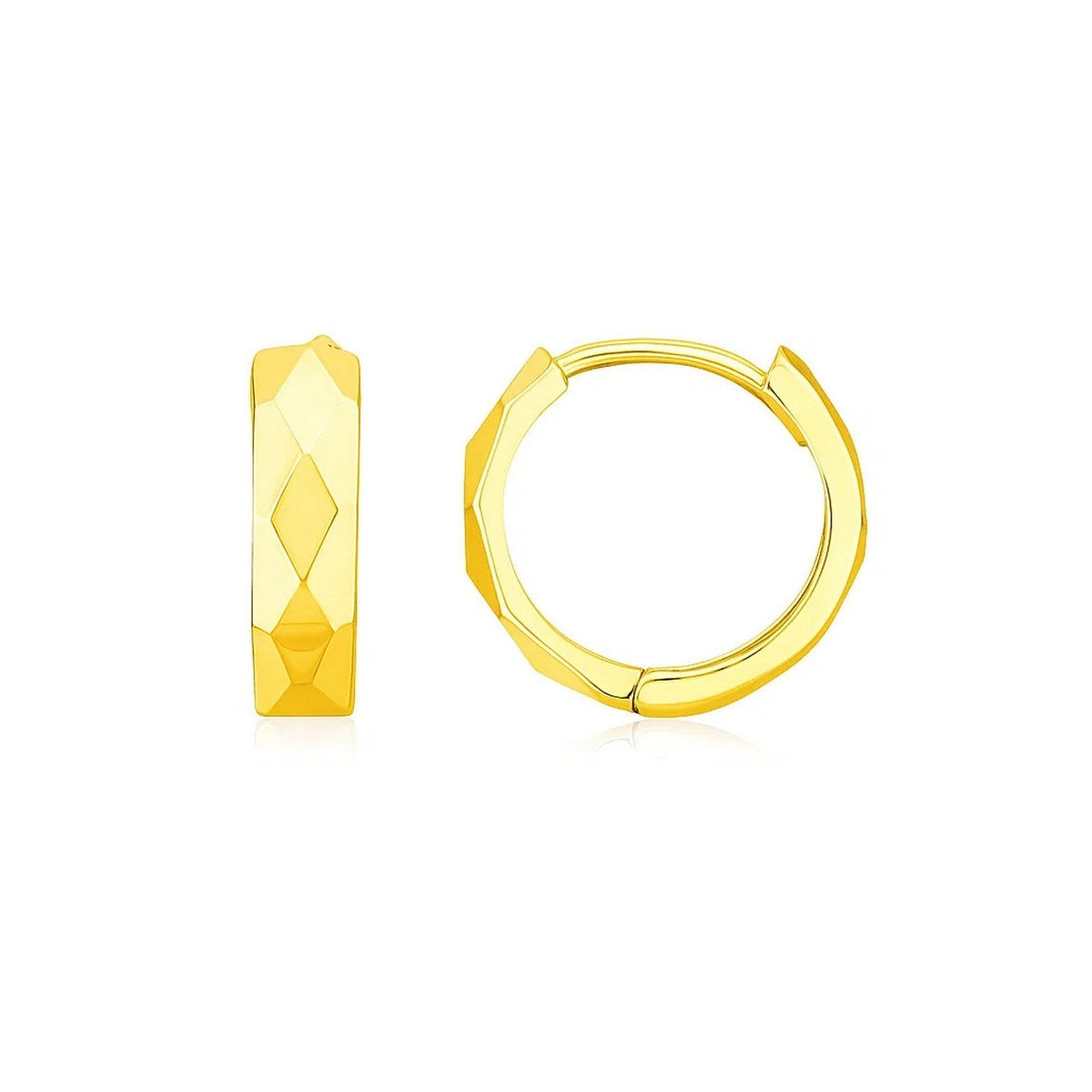 14K Yellow Gold Diamond Motif Faceted Huggie Earrings