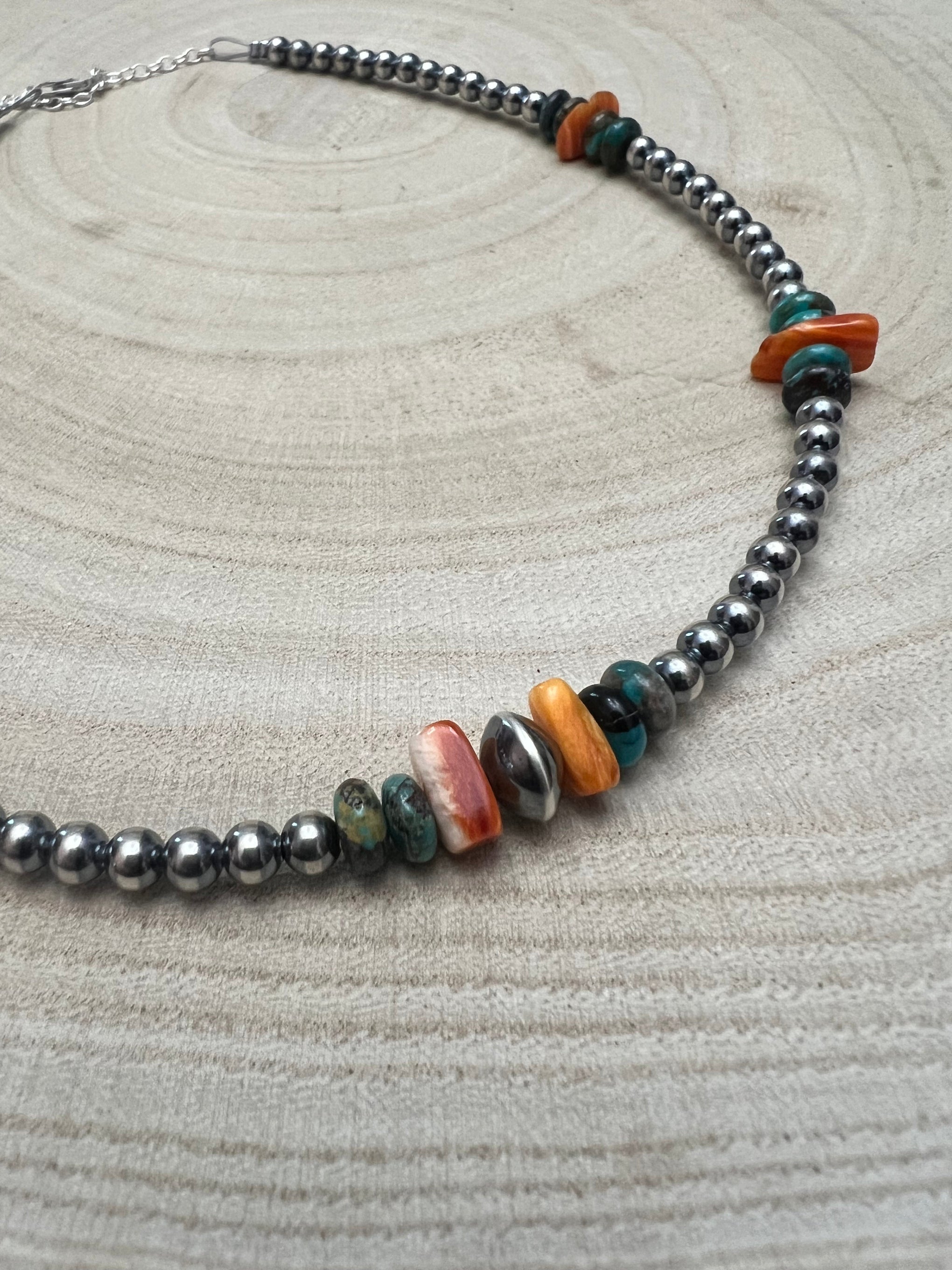 4mm Sterling Pearl and genuine turquoise and spiny choker - 14 inch