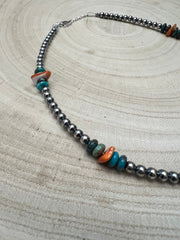 4mm Sterling Pearl and genuine turquoise and spiny choker - 14 inch