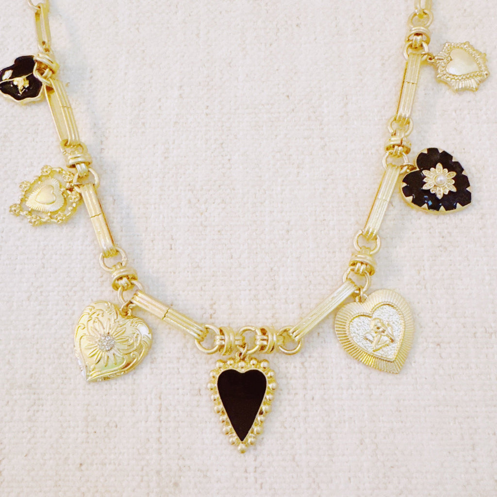 Mixed Heart Charm Necklace – Gold Chain with Elegant Black and Gold Heart Pendants
