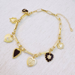 Mixed Heart Charm Necklace – Gold Chain with Elegant Black and Gold Heart Pendants