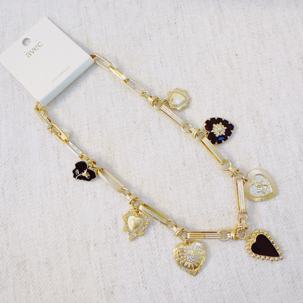 Mixed Heart Charm Necklace – Gold Chain with Elegant Black and Gold Heart Pendants