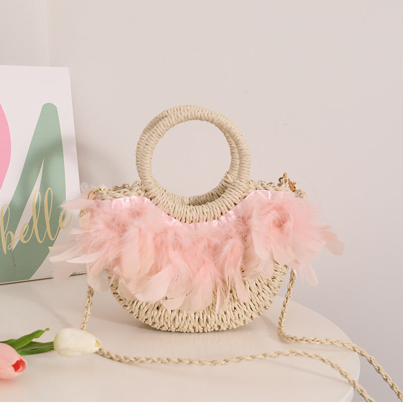 Fairy Feather Crossbody Straw Bag Cute Portable Semicircle Straw Bag Woven Bag Rattan Weave Bag Seaside Vacation Beach Bag
