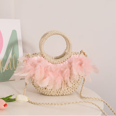 Fairy Feather Crossbody Straw Bag Cute Portable Semicircle Straw Bag Woven Bag Rattan Weave Bag Seaside Vacation Beach Bag