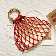 Niche Bamboo Handle Handbag with Wooden Beads Decoration Hand Woven Beaded Bag Women Seaside Travel Holiday Handbag