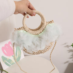 Fairy Feather Crossbody Straw Bag Cute Portable Semicircle Straw Bag Woven Bag Rattan Weave Bag Seaside Vacation Beach Bag