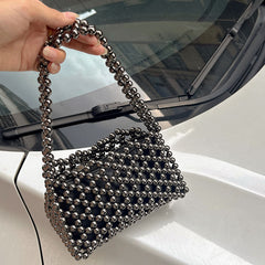 Trendy Hollow Out Cutout Shiny Crystal Handmade Beaded Woven Bag Portable Underarm One Shoulder Crossboby Bag
