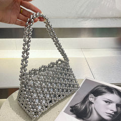 Trendy Hollow Out Cutout Shiny Crystal Handmade Beaded Woven Bag Portable Underarm One Shoulder Crossboby Bag