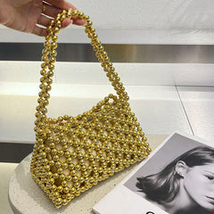 Trendy Hollow Out Cutout Shiny Crystal Handmade Beaded Woven Bag Portable Underarm One Shoulder Crossboby Bag