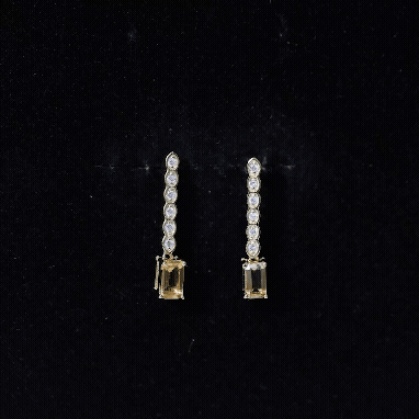 Emerald Cut Citrine and Diamond Bar Drop Earrings in Silver
