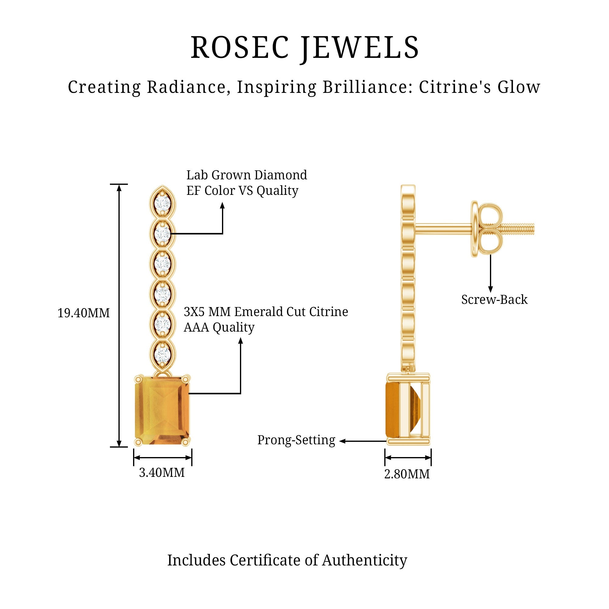 Emerald Cut Citrine and Diamond Bar Drop Earrings in Silver