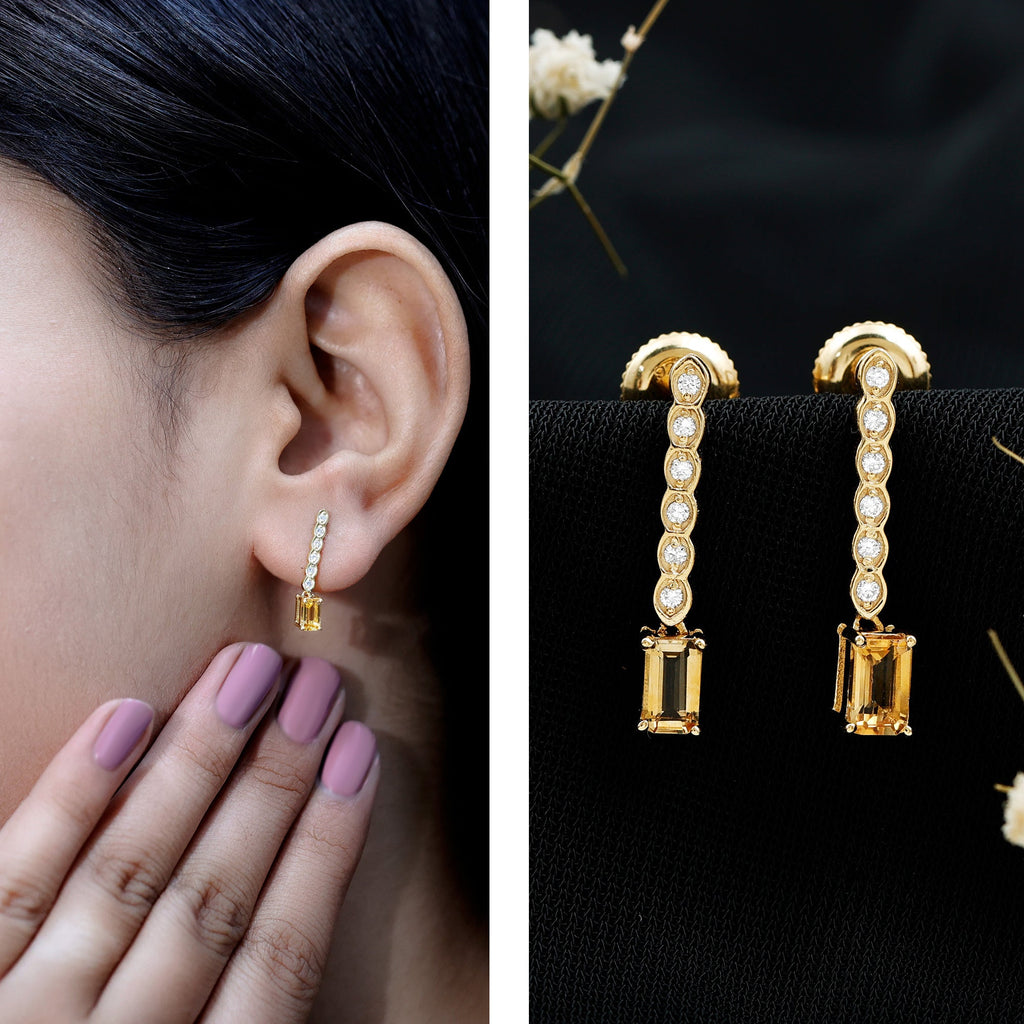 Emerald Cut Citrine and Diamond Bar Drop Earrings in Silver