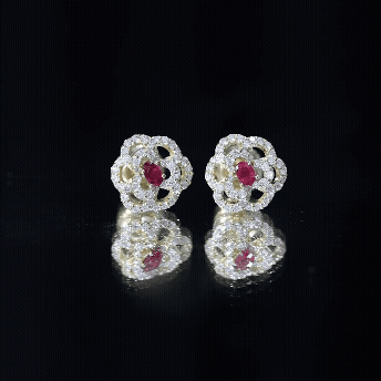 Certified Real Ruby Diamond Flower Stud Earrings with Screw Back