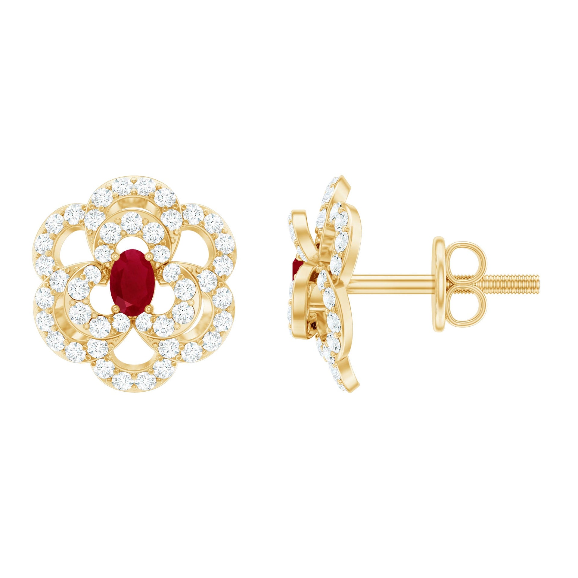 Certified Real Ruby Diamond Flower Stud Earrings with Screw Back