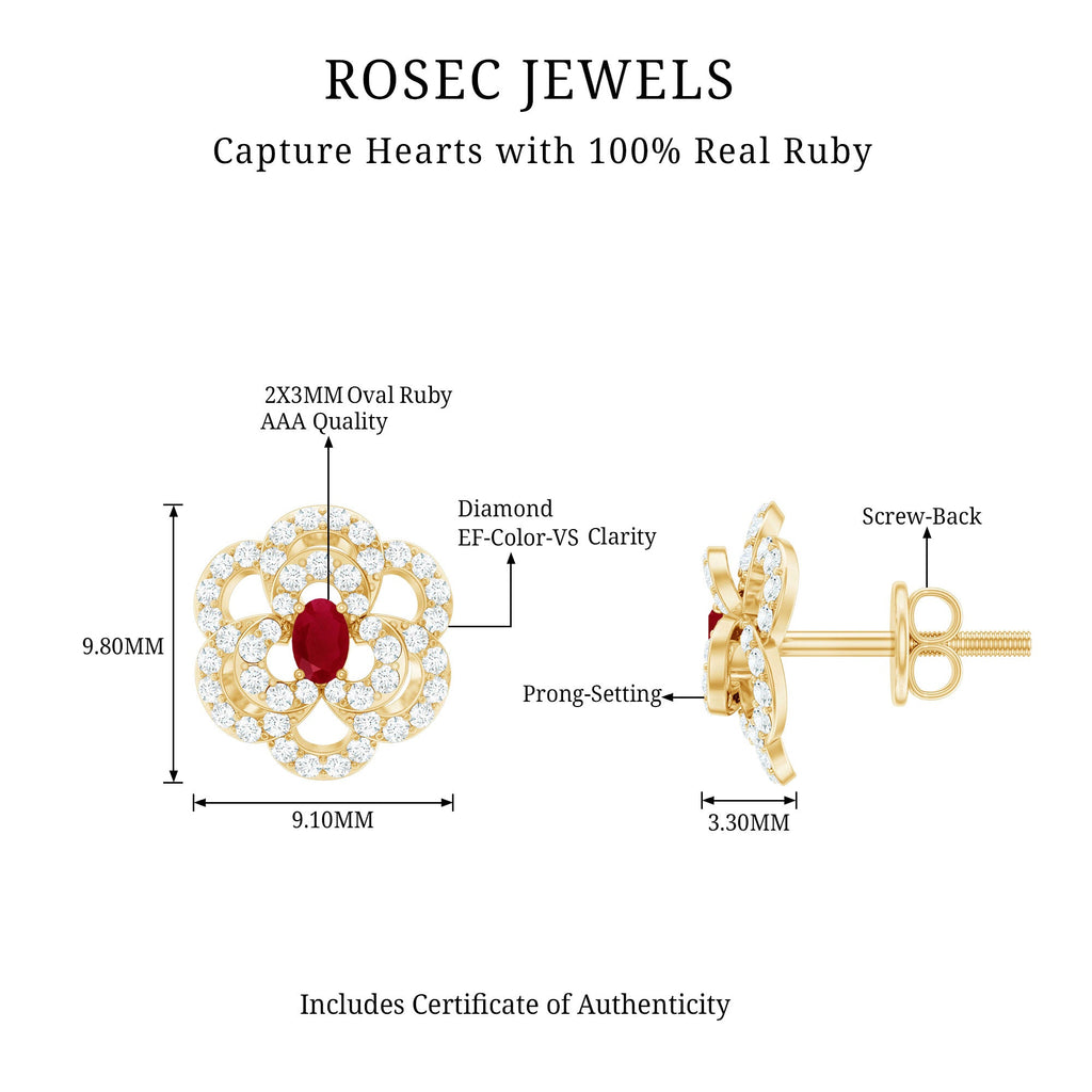 Certified Real Ruby Diamond Flower Stud Earrings with Screw Back