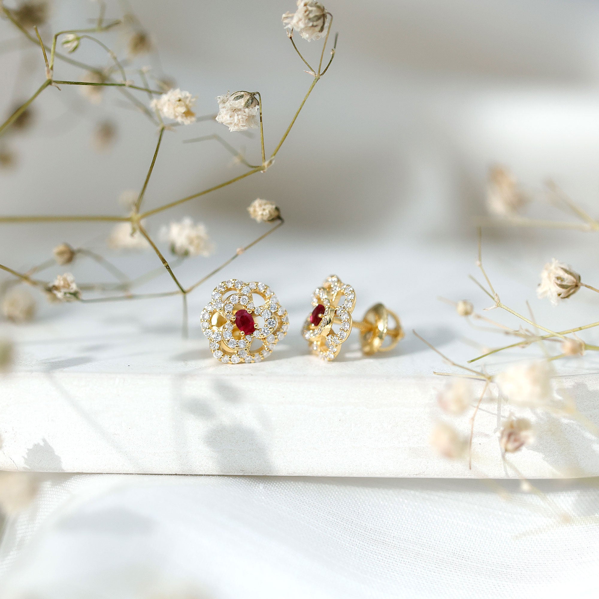 Certified Real Ruby Diamond Flower Stud Earrings with Screw Back