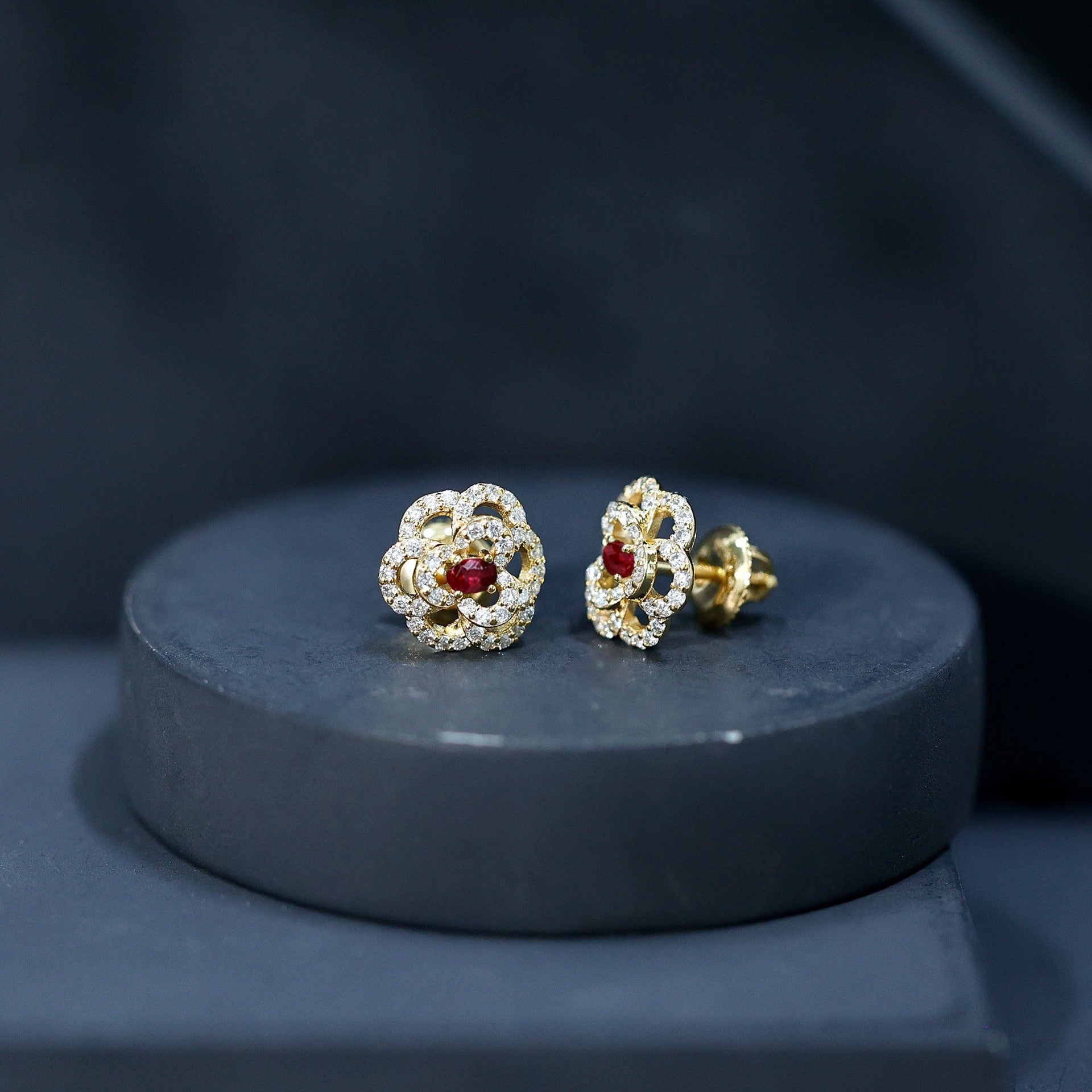 Certified Real Ruby Diamond Flower Stud Earrings with Screw Back