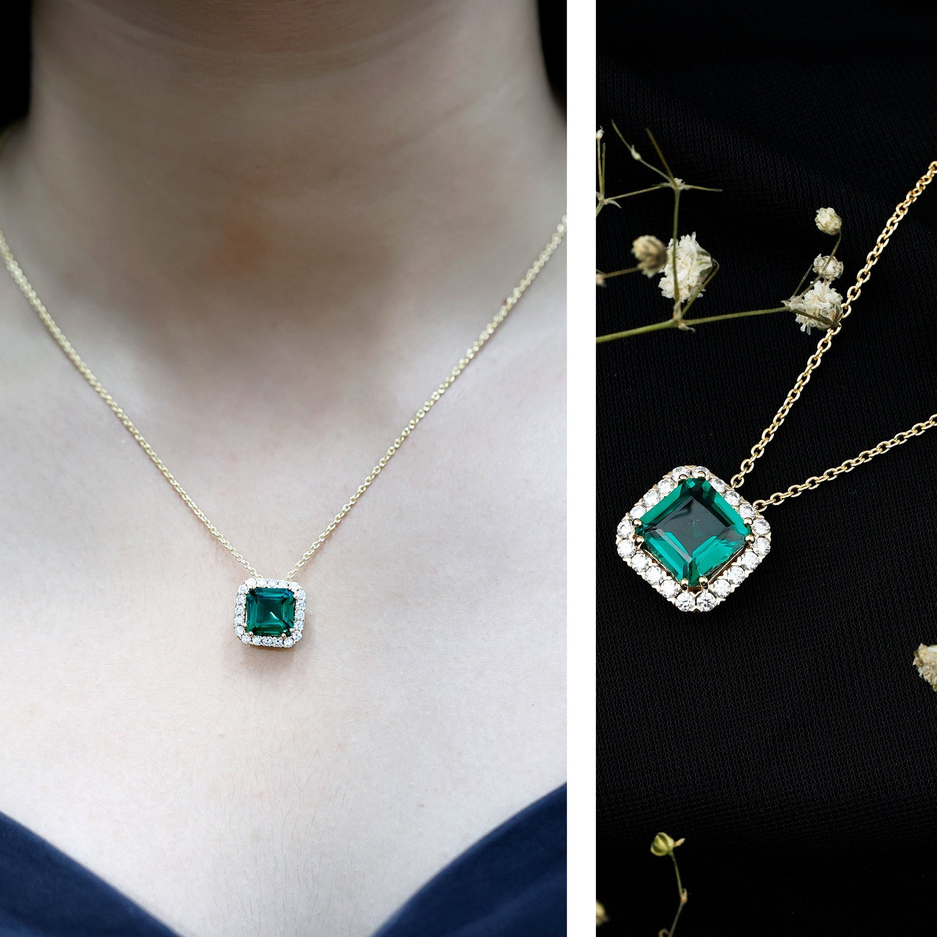 10 MM Lab Created Emerald Statement Necklace with Moissanite Halo
