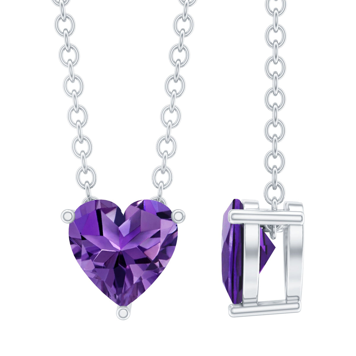 Real Amethyst Heart Necklace with Chain in Sterling Silver