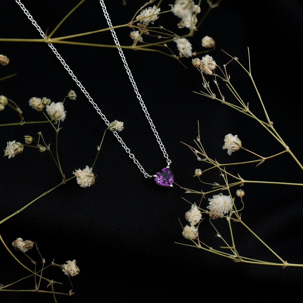 Real Amethyst Heart Necklace with Chain in Sterling Silver
