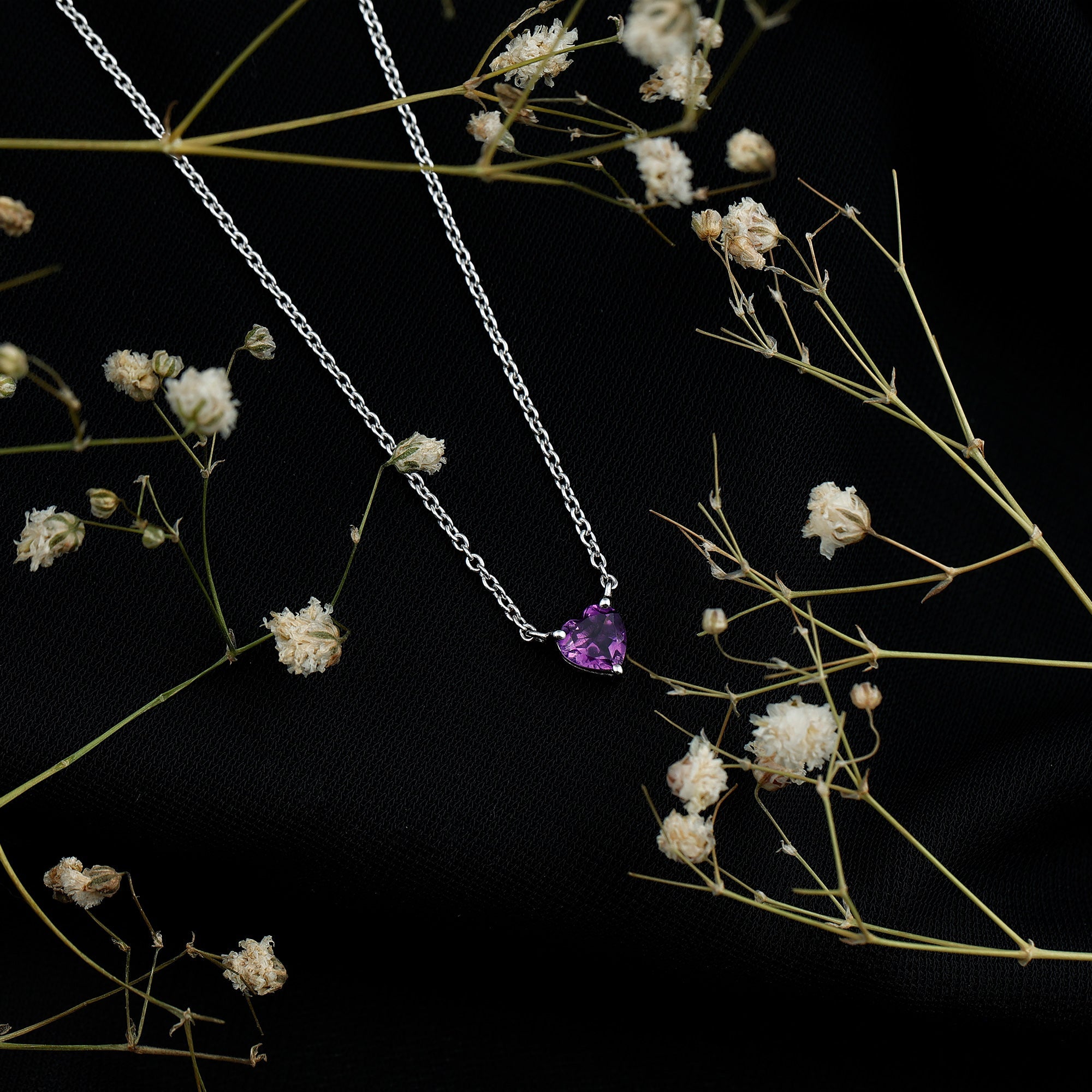 Real Amethyst Heart Necklace with Chain in Sterling Silver