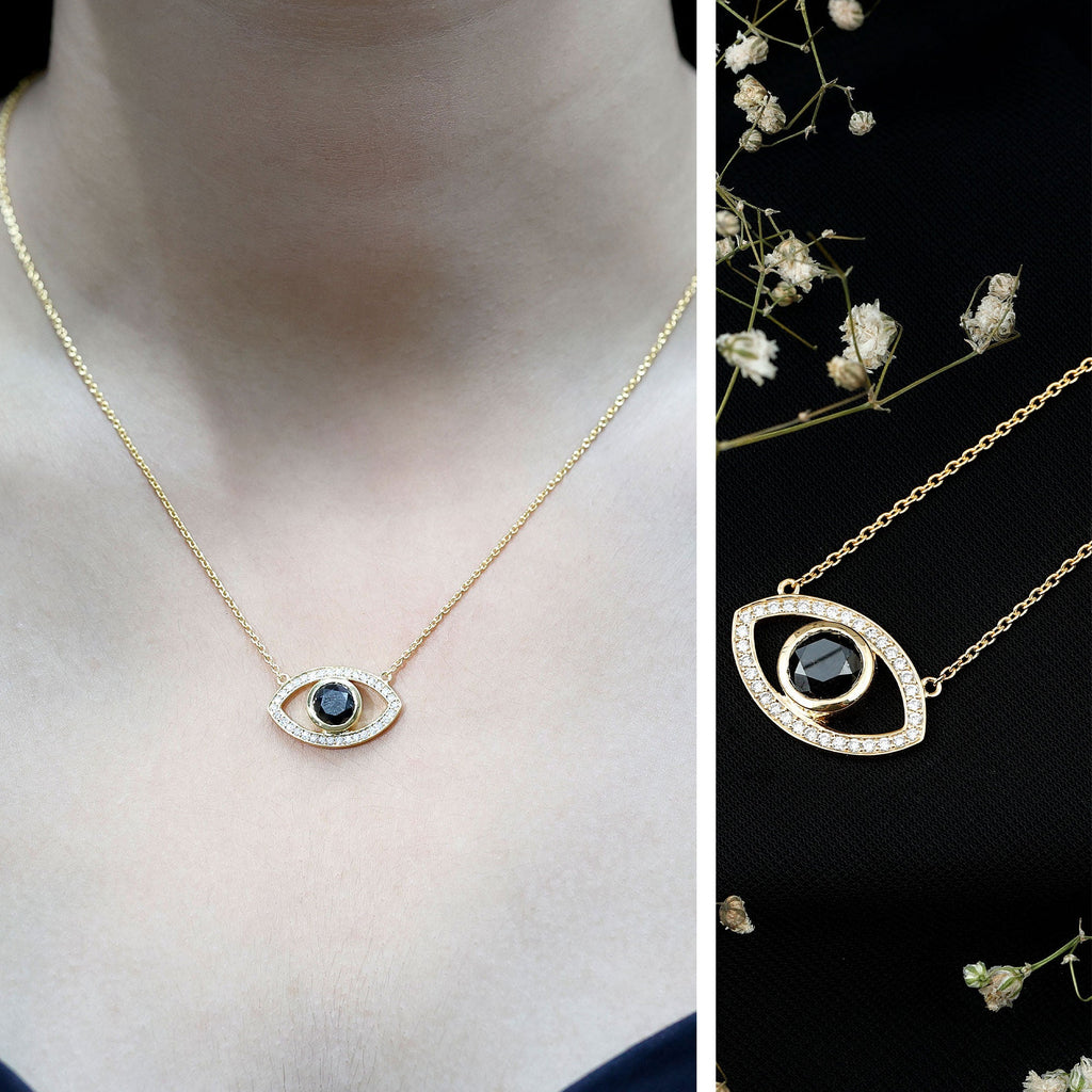 Certified Black and White Diamond Evil Eye Necklace in Silver