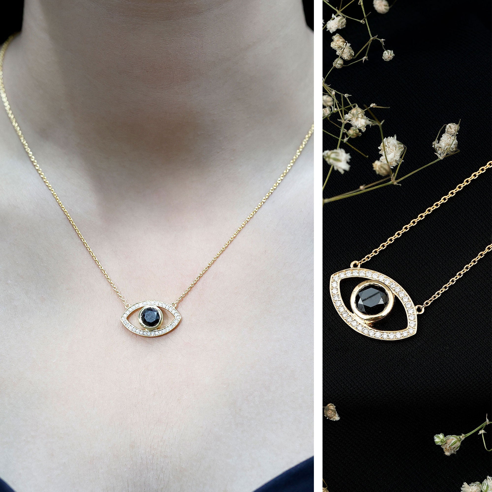 Certified Black and White Diamond Evil Eye Necklace in Silver