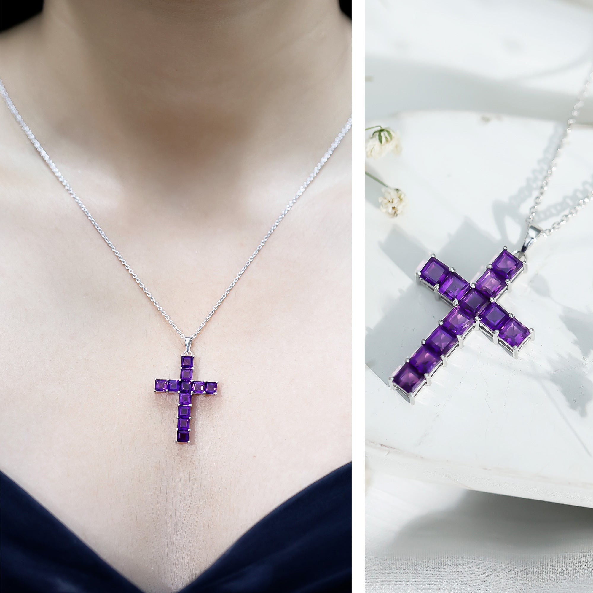 Princess Cut Amethyst Cross Pendant Necklace with Chain