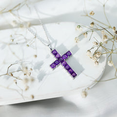 Princess Cut Amethyst Cross Pendant Necklace with Chain