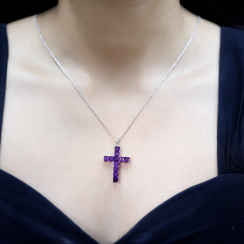 Princess Cut Amethyst Cross Pendant Necklace with Chain