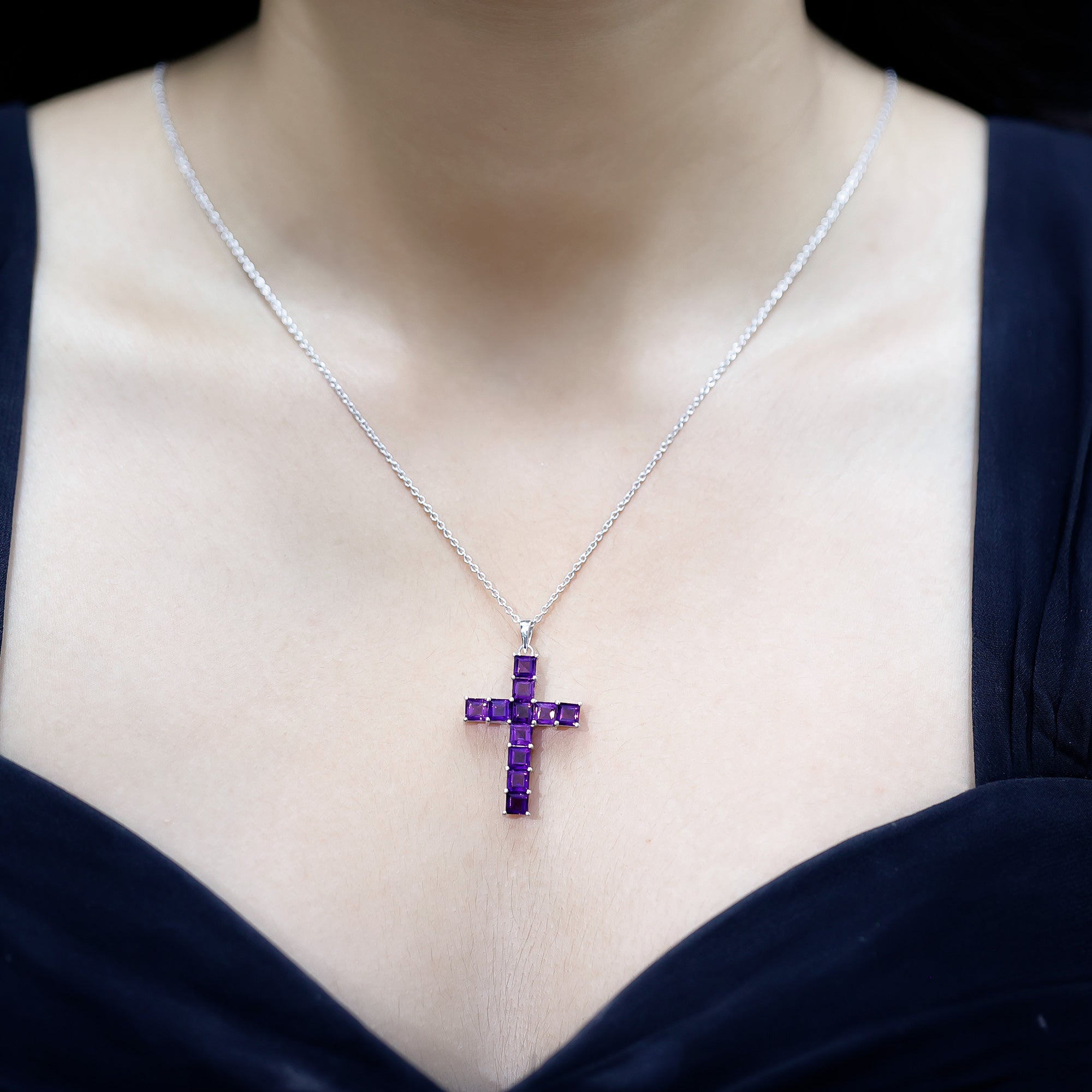 Princess Cut Amethyst Cross Pendant Necklace with Chain