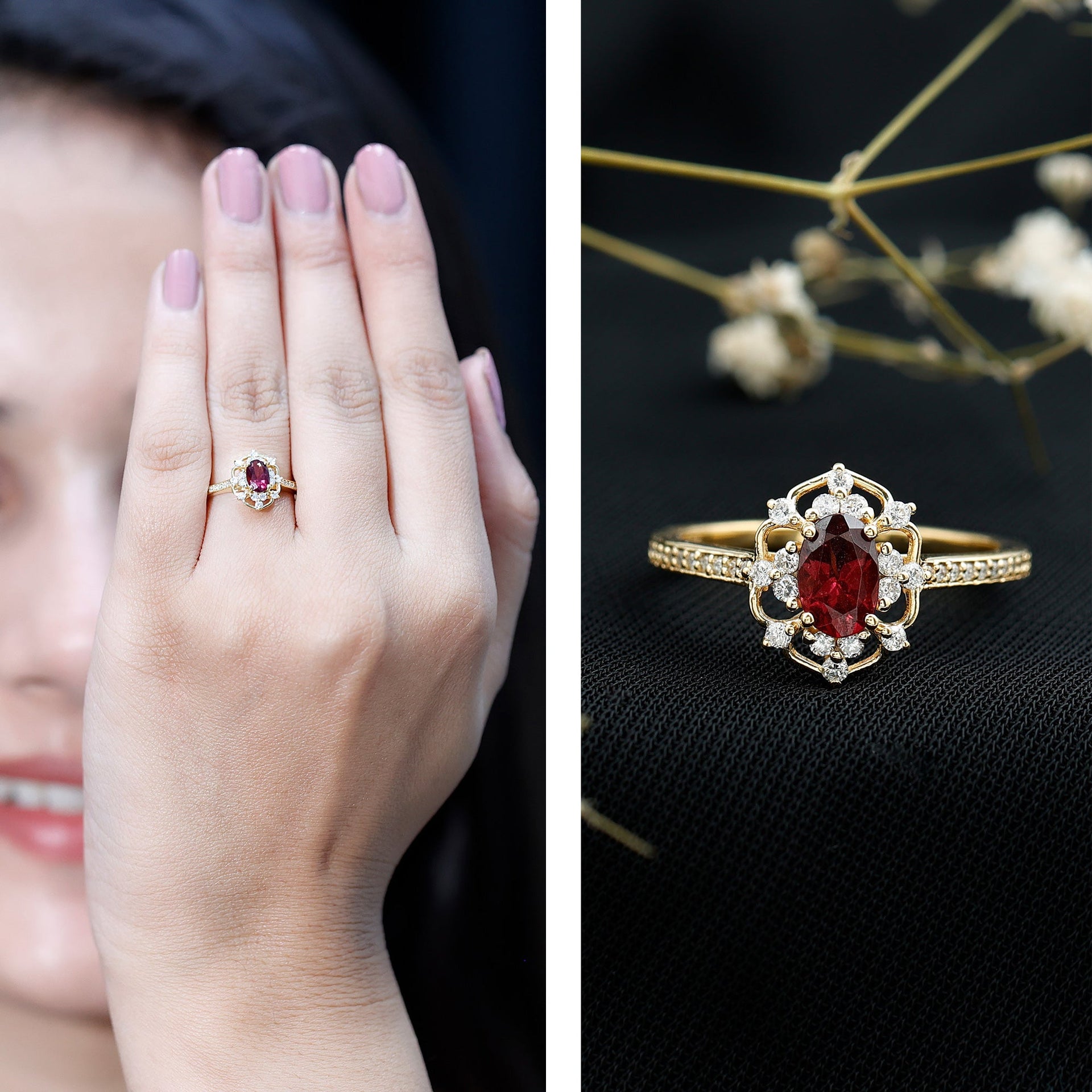 Vintage Engagement Ring with Rhodolite Garnet and Diamond