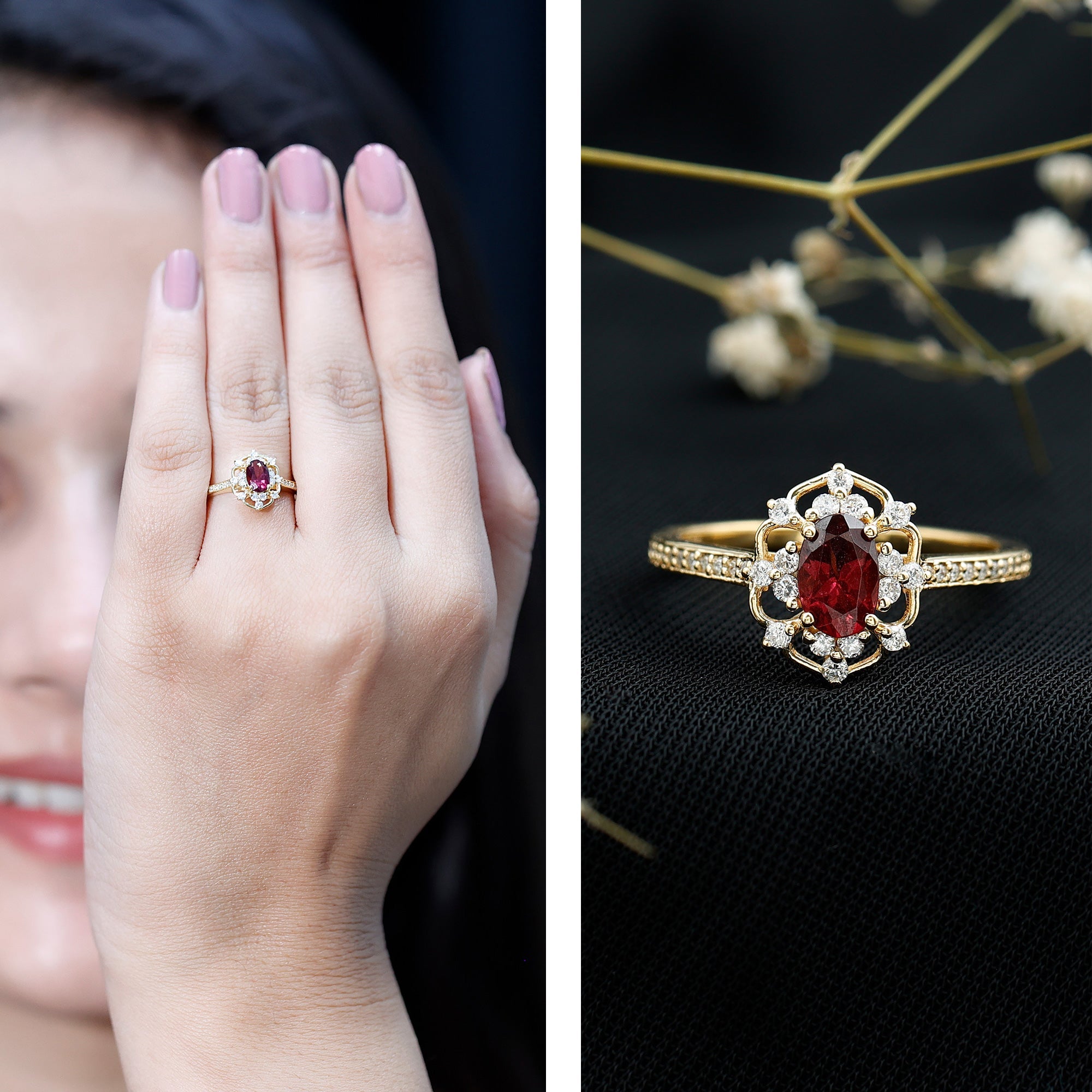 Vintage Engagement Ring with Rhodolite Garnet and Diamond