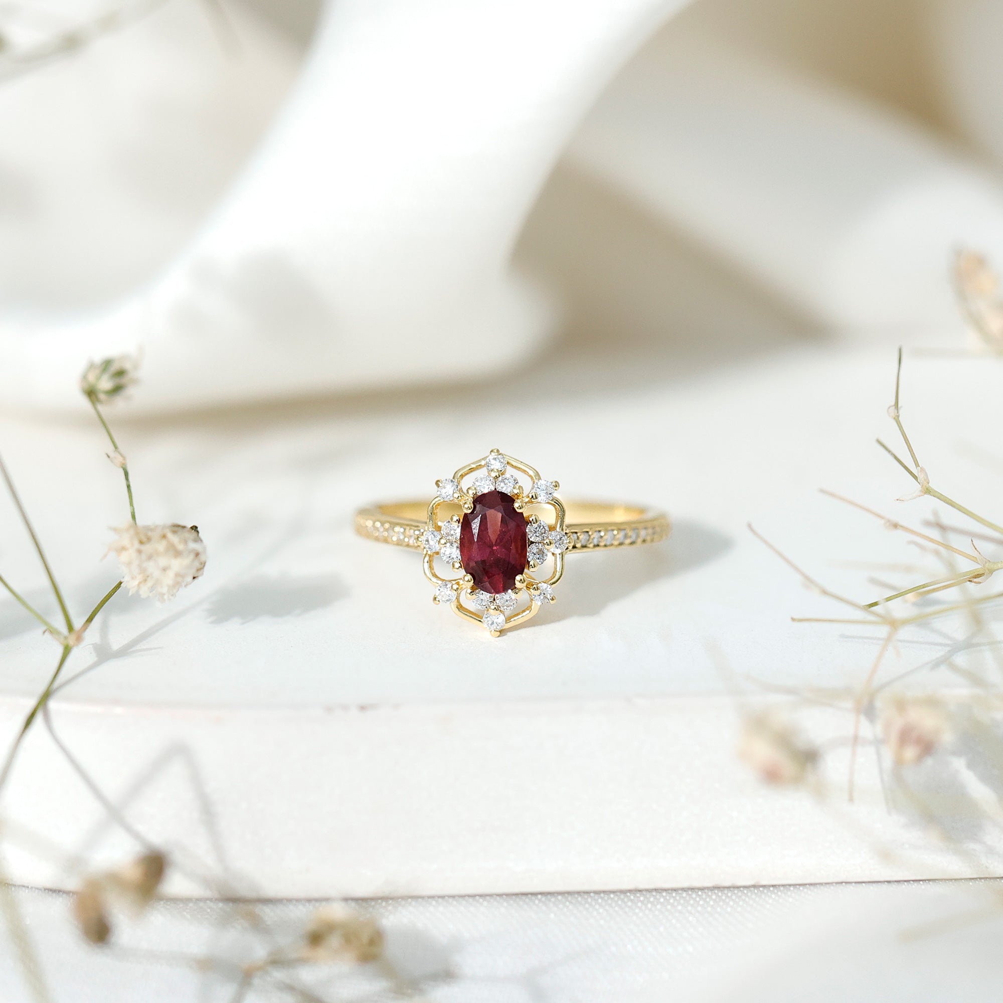 Vintage Engagement Ring with Rhodolite Garnet and Diamond