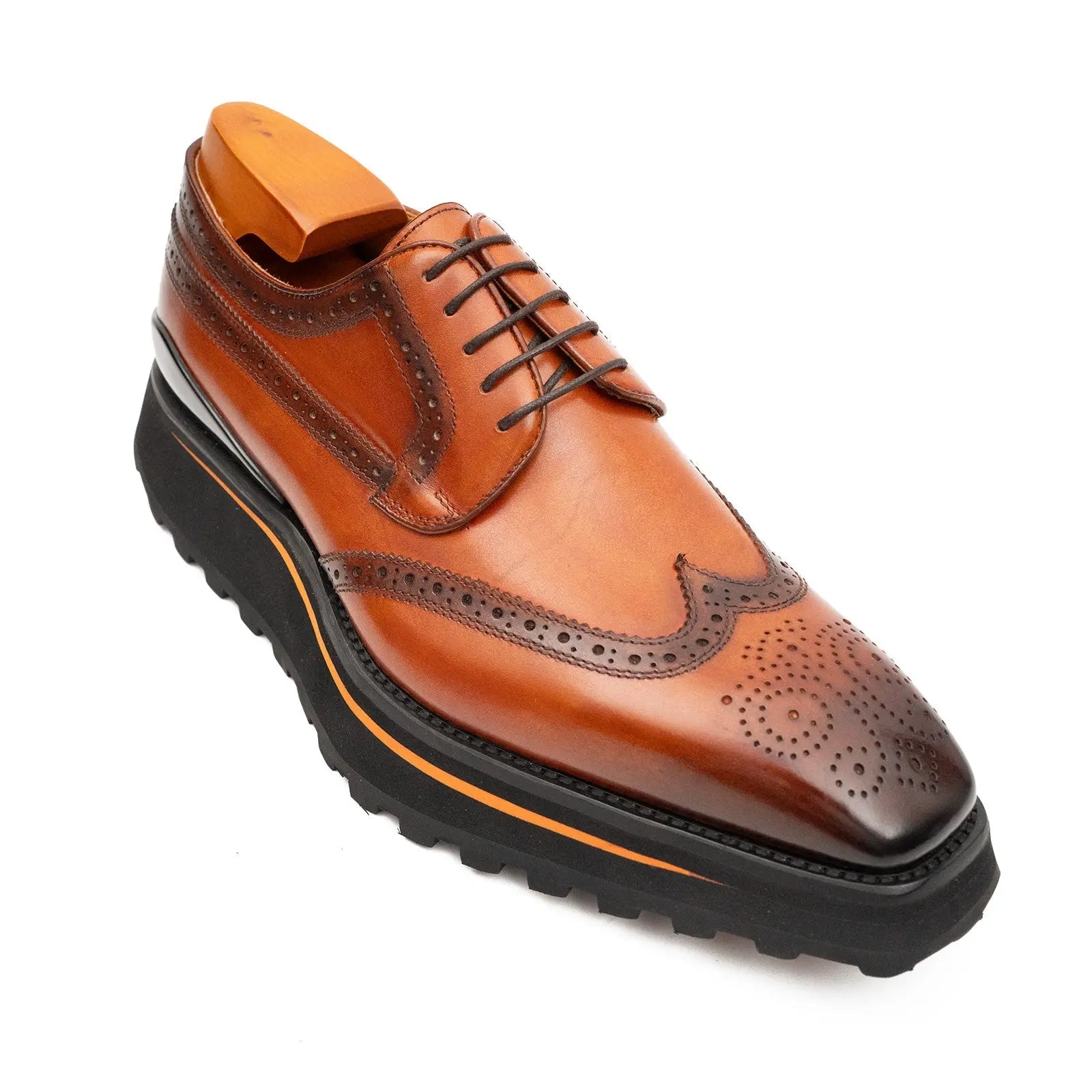 Thick-soled calfskin formal brogue derby shoes Brown